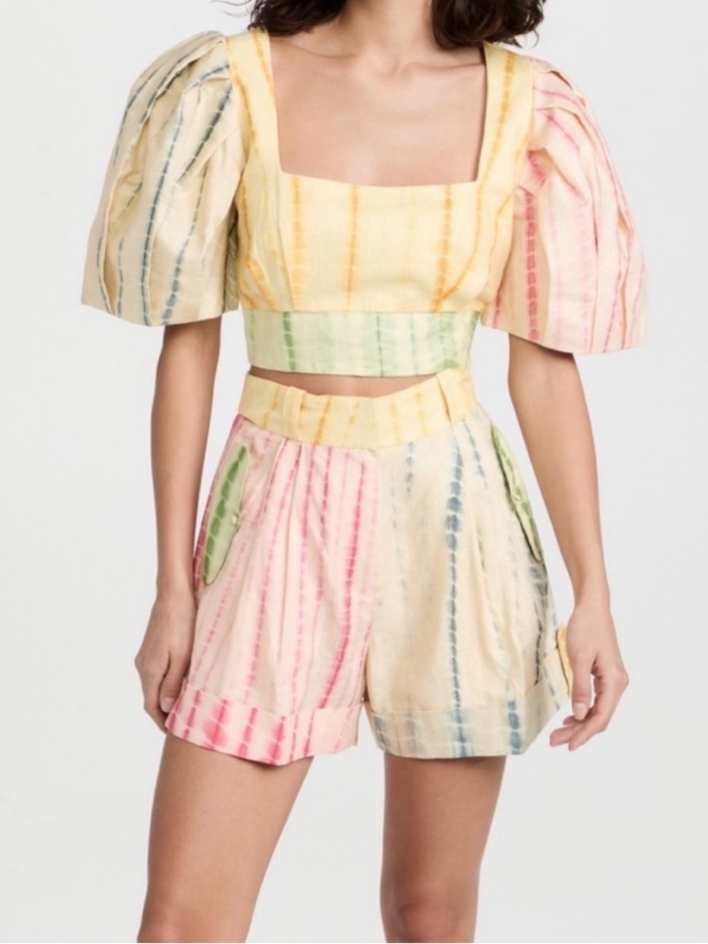 Alemais Pastel Tie-Dye Puff Sleeve High-Waist Women's Shorts set with crop top